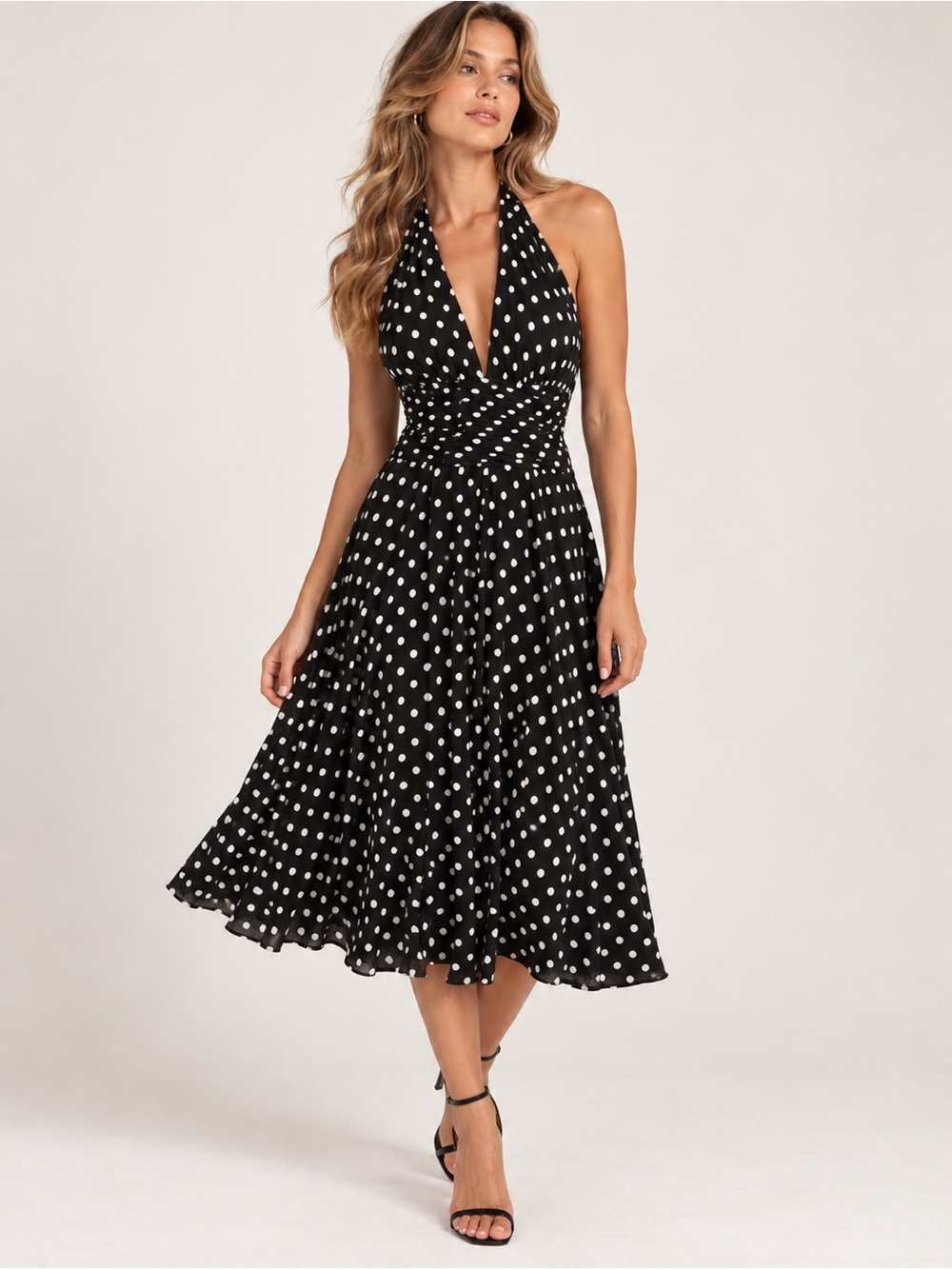 Black and White Polka Dot Halter Midi Dress size S/M